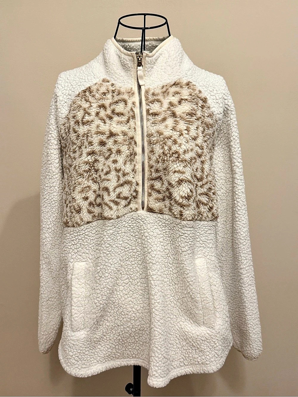 maurices Womens XL Ivory Sherpa Fleece Leopard 1/4 Zip Mock Neck Pockets